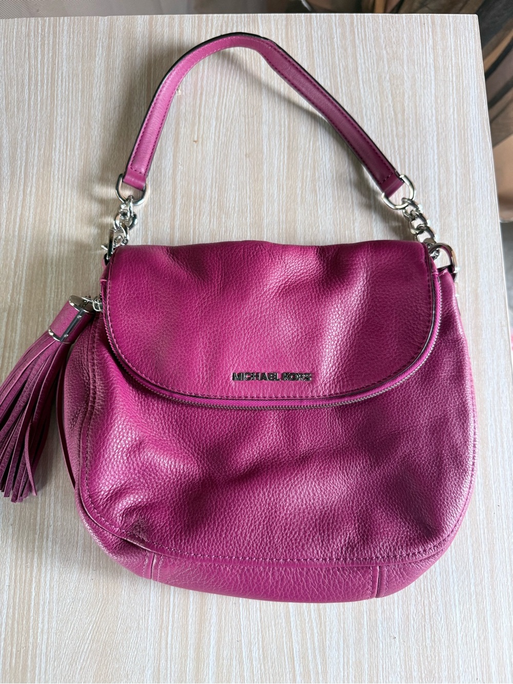 Michael Kors Fuchsia Pebbled Leather Hobo with Tassel